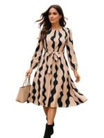 Women?s A-Line Midi Dress | Long Sleeve Belted Fit and Flare Gown | Elegant Printed Casual Outfit
