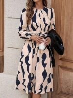 Women?s A-Line Midi Dress | Long Sleeve Belted Fit and Flare Gown | Elegant Printed Casual Outfit - Image 3